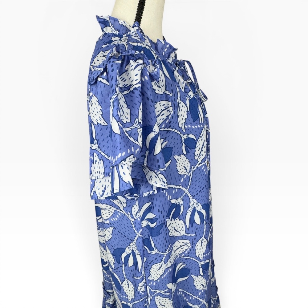 J. Marie Floral Maxi Dress Small Blue White Tiered Tie Neck Romantic Ruffles - Picture 10 of 12
